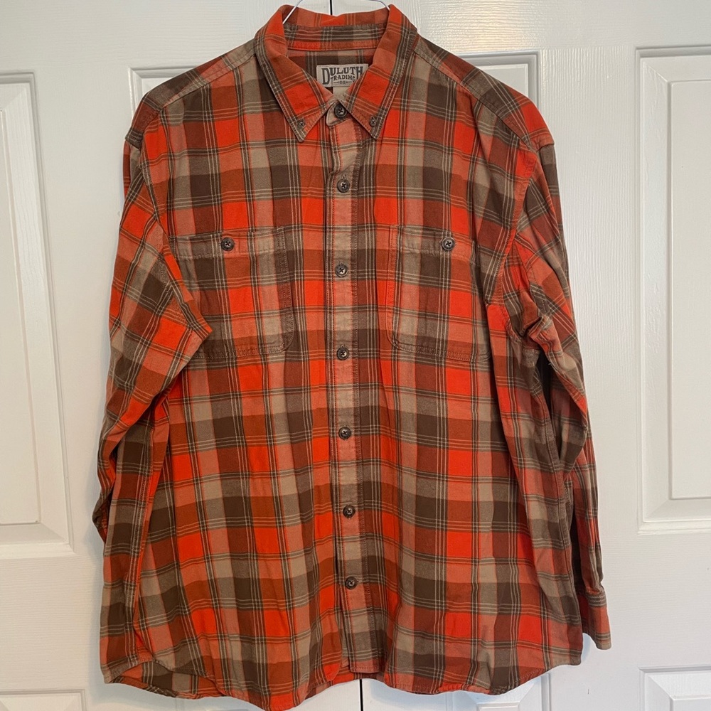Duluth Trading Button Down Long Sleeve Flannel Shirt, Orange/Brown/Tan Plaid, XL